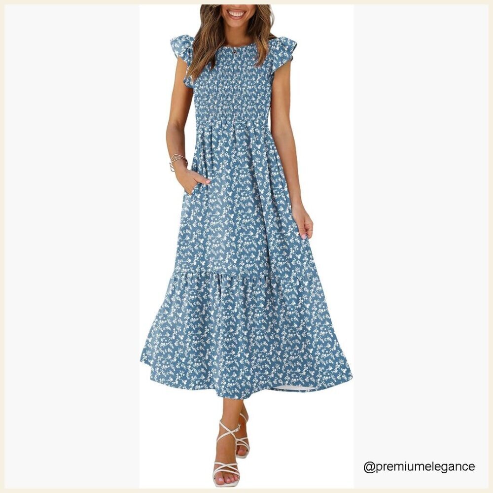 Casual Maxi Dress with Pockets Ruffle Sleeve Smocked A-Line Formal